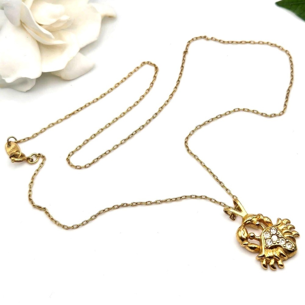 Vintage Avon Goldtone Rhinestone Cancer Crab Zodiac‎ Astrology Pendant Necklace